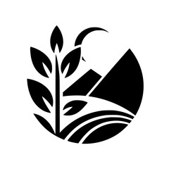 Minimalist Nature Icon: Mountain, Plant, and Crescent, Black & White