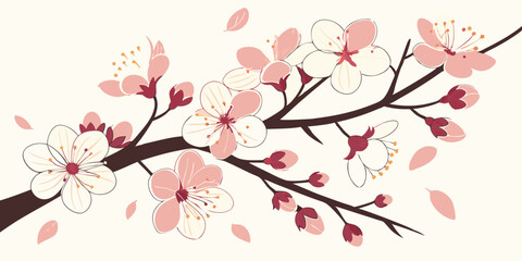Elegant Pink Cherry Blossom Branch Illustration Spring Floral Design