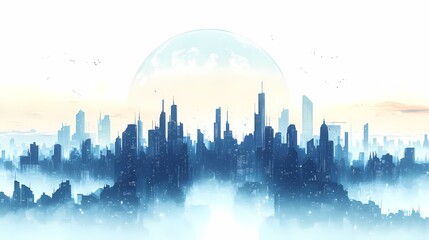 Fototapeta premium Futuristic Cityscape Skyline Digital Art. Modern Urban Buildings Under a Celestial Moon - Atmospheric Fantasy Landscape Illustration