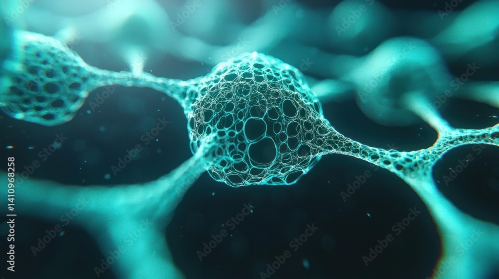 Poster intricate network of illuminated spheres, linked by strands on dark backdrop