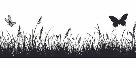 Butterfly Silhouette on Grass. Vector Illustration of Organic Floral, Black and White Aesthetic in Nature's Peaceful Wildlife Habitat