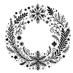 Hand-Drawn Winter Wreath Illustration with Snowflakes & Foliage