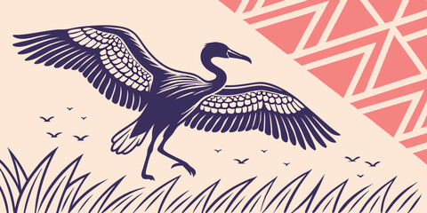 Fototapeta premium Elegant Crane Bird Illustration Wings Spread Wide in a Geometric Patterned Landscape