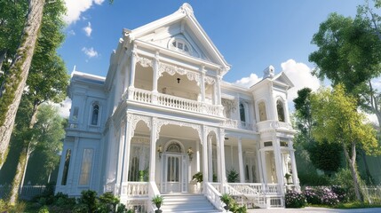Elegant Victorian exterior with ornate details, grand columns, and a stately, historic appeal.
