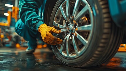 A mechanic in protective gear works on a car wheel.