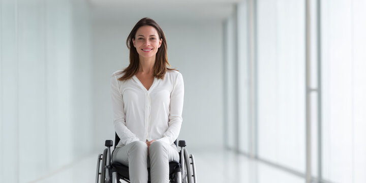 Smiling woman in office clothes on wheelchair in office interior. Inclusion in hiring, employment of people with disabilities