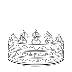 Simple Line Art Birthday Cake with Swirls, Isolated on White