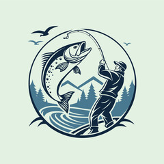 Retro Style Fishing Logo with Angler Catching Big Trout in Nature Scene.
