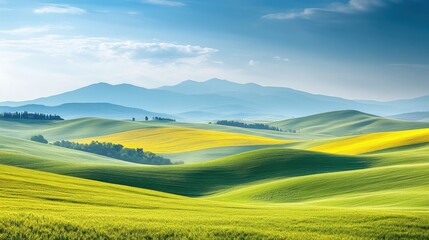 Fototapeta premium Rolling green hills meet vibrant yellow fields beneath a tranquil blue sky
