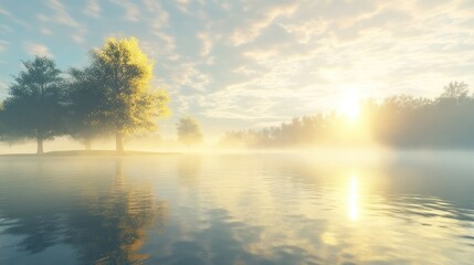Fototapeta premium Tranquil lake at sunrise with mist, reflecting trees and golden light