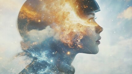 Double exposure of an astronaut combined with galaxies and nebulae, cosmic feel, spacious background for text