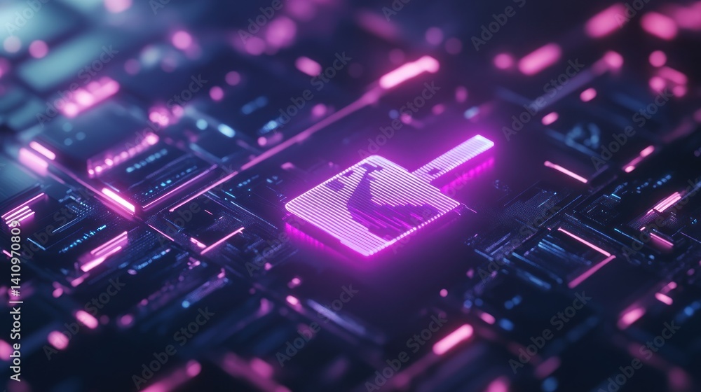 Poster futuristic technology, neon circuit board with glowing components and data flow