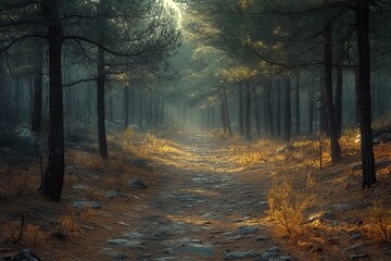 Naklejka premium Dense pine forest with soft sunlight breaking through the branches, casting shadows on the forest floor