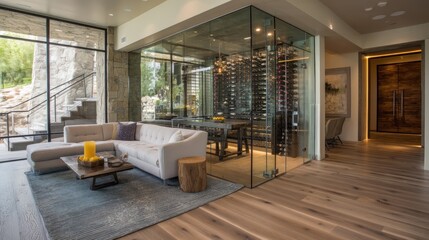 Glass-walled wine cellar in contemporary living room  