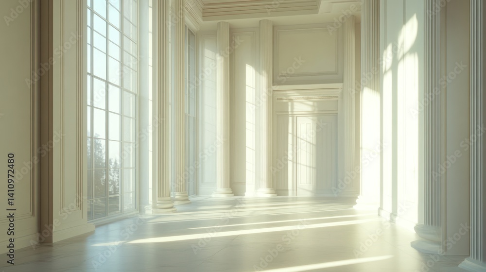 Poster sunlit classical hallway with columns and large windows architecture