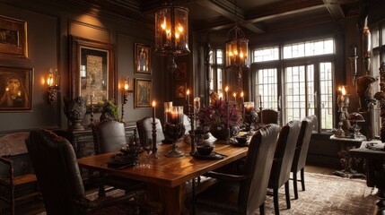 Fototapeta premium Gothic-style dining room with dark wood, high-back chairs, and candle chandeliers 