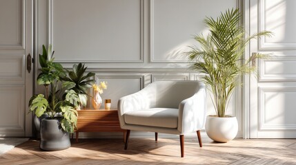 A serene living room scene featuring a white armchair, complemented by lush potted plants, bathed in sunlight. The soft light and neutral tones create a calming atmosphere.