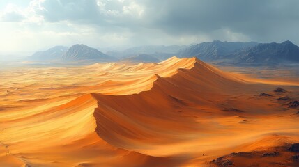 Naklejka premium dramatic desert landscape golden sand dunes sharp ripples deep shadows intense warm sunlight vast open space