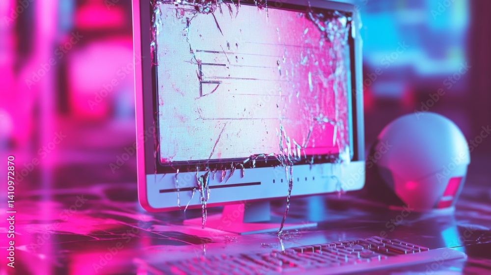 Poster glitch art of a computer interface with broken ui elements and flickering windows, tech anxiety them