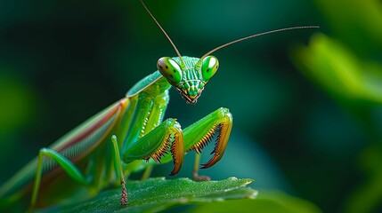A vibrant close-up of a green praying mantis on a leaf.
