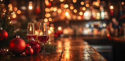 Two glasses of red wine sit on a rustic bar top decorated with Christmas ornaments and a fir branch. Warm, inviting atmosphere perfect for holiday promotions.
