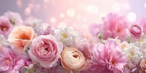 This image presents a bouquet of soft-hued roses and chrysanthemums against a dreamy backdrop, symbolizing love, beauty, and tenderness.