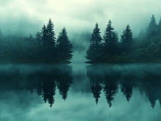 Eerie reflection of dark trees on a still lake shrouded in thick mist, creating a mysterious mood 