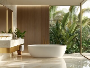 Fototapeta premium elegant bathroom with marble countertops, gold fixtures, a freestanding bathtub near a large window overlooking a lush garden, minimalistic decor, and a serene ambiance 