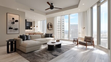Fototapeta premium High-rise condo living room with modern luxury finishes 