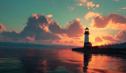 Fototapeta premium A lighthouse stands by water during a vivid sunset with colorful clouds, symbolizing guidance and tranquility.