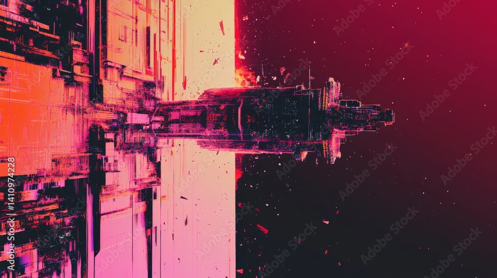 Aufkleber glitch image of a space station with stars tearing and pixel fragmentation, sci-fi feel with text sp