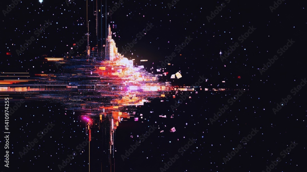Aufkleber glitch image of a space station with stars tearing and pixel fragmentation, sci-fi feel with text sp