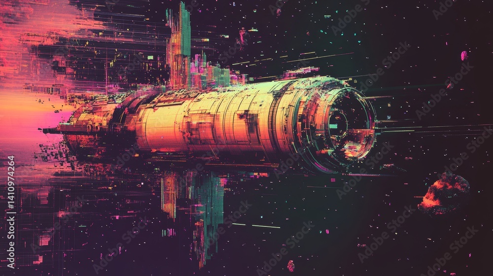 Aufkleber glitch image of a space station with stars tearing and pixel fragmentation, sci-fi feel with text sp
