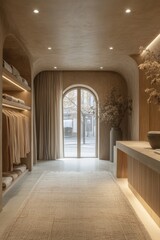 elegant fashion boutique interior modern minimalist clothing display luxurious textures soft neutral palette ambient lighting 