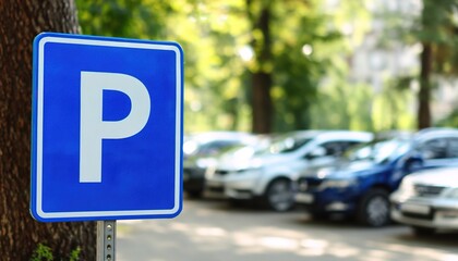 A close-up of a blue parking sign with a white "P" against a blurred parking lot symbolizes urban order and convenience. 