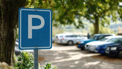 A close-up of a blue parking sign with a white "P" against a blurred parking lot symbolizes urban order and convenience. 