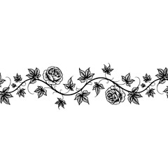 Elegant Floral Vine Border with Roses, Black & White, Wedding Decor