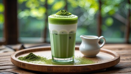 a glass of iced matcha latte placed on a wooden tray. The glass is tall and clear