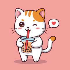 Cute Cartoon Cat Drinking Bubble Tea with Heart Speech Bubble – Adorable Kitten Flat vector Illustration