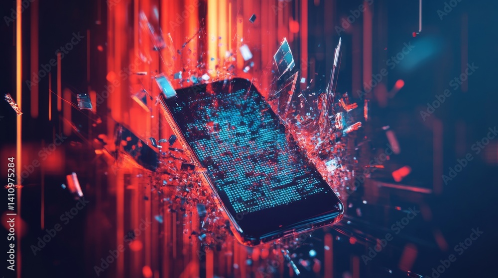 Poster glitch style image of a smartphone shattering into code fragments, modern digital theme, room for te