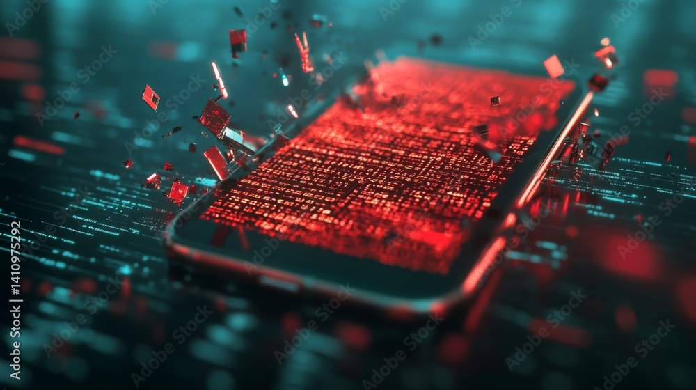 Aufkleber glitch style image of a smartphone shattering into code fragments, modern digital theme, room for te