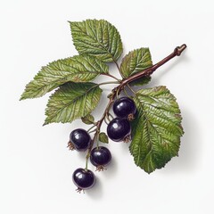 Detailed Illustration of Black Currant Branch with Leaves