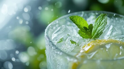 Refreshing beverage with lemon mint and ice in a glass