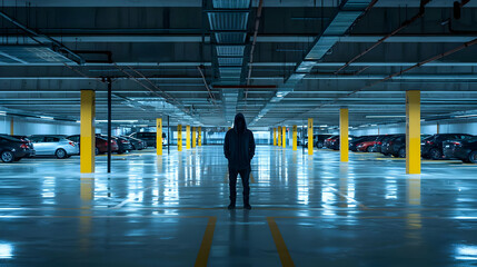 Man In Hood In Empty Underground Parking Garage At Night