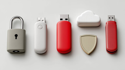 Data security concept featuring padlock, usb drives, cloud storage, and shield icon