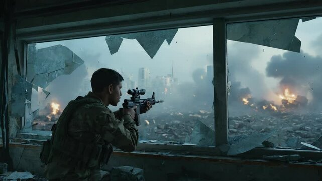 Soldier aiming rifle through broken window in war zone, smoke and fires fill devastated city backdrop, combat scene