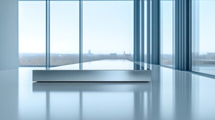 Minimalist interior. Large windows overlook city skyline. Metal bench sits center