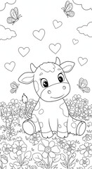Obraz premium Adorable cow illustration in a whimsical meadow, coloring book page design, outline art