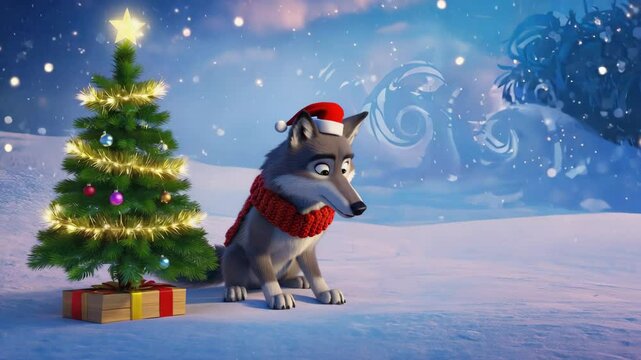 Cartoon wolf wearing Santa hat and scarf sits near Christmas tree in snowy winter wonderland