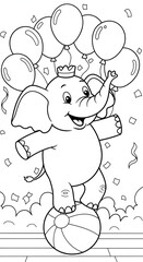 Obraz premium Line art drawing of a cartoon elephant with balloons balancing on a striped ball.